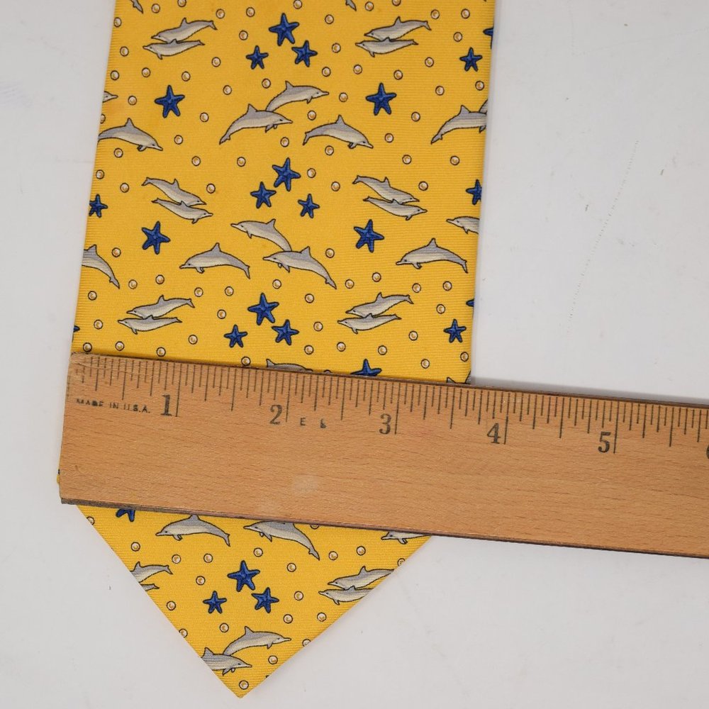 Lancel Paris Necktie Dolphin Starfish Silk Yellow Whimsy Marine Mammal Ocean Fun - Picture 10 of 13